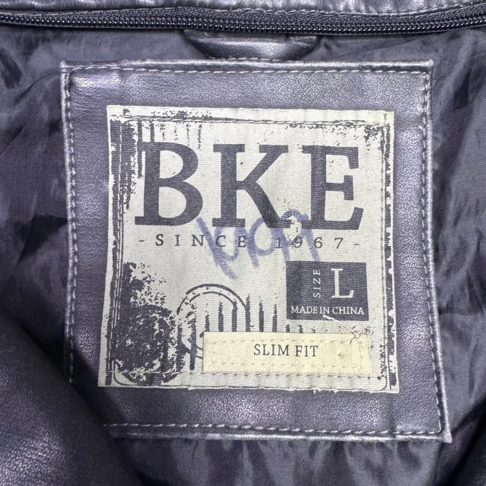 BKE Men's Faux Leather Jacket Dark Gray Size Large Slim Fit Motorcycle Biker